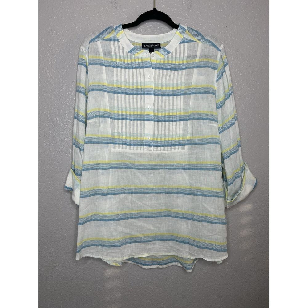 Lane Bryant White Striped Linen Blend Pintuck Boho Peasant Top Size 18/20‎ NWT